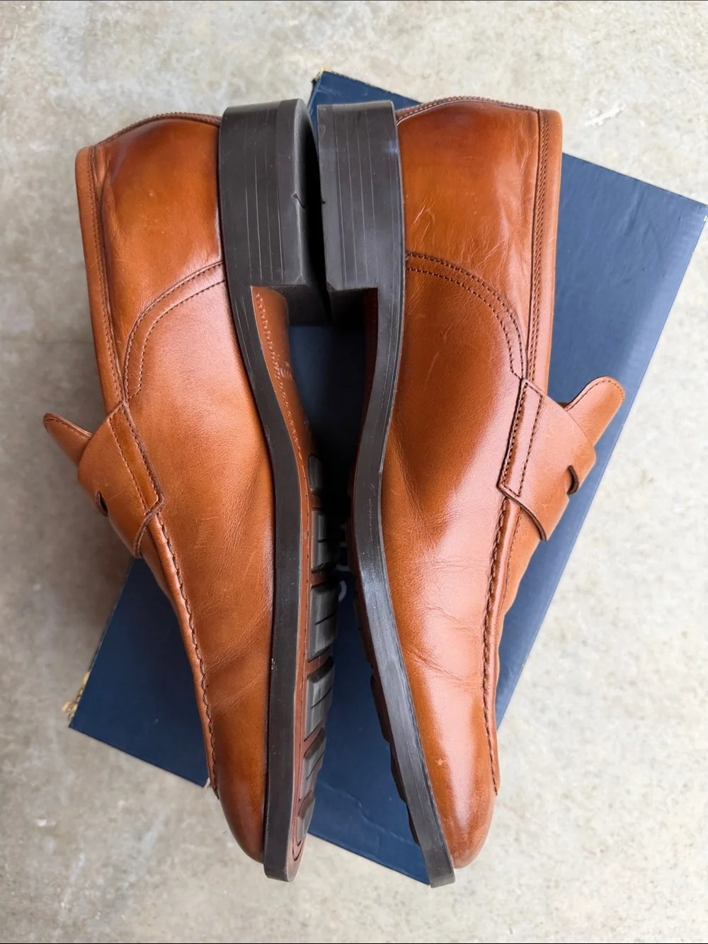 Cole Haan Brown Leather Penny Loafers with Navy & Yellow Insole - Picture 4 of 5